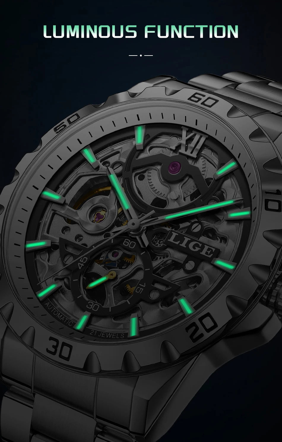 LIGE Luxury mechanical Watches Automatic wristwatches Date Luminous Waterproof Hollow TourbillonMen Watch Relogio mecanico reloj