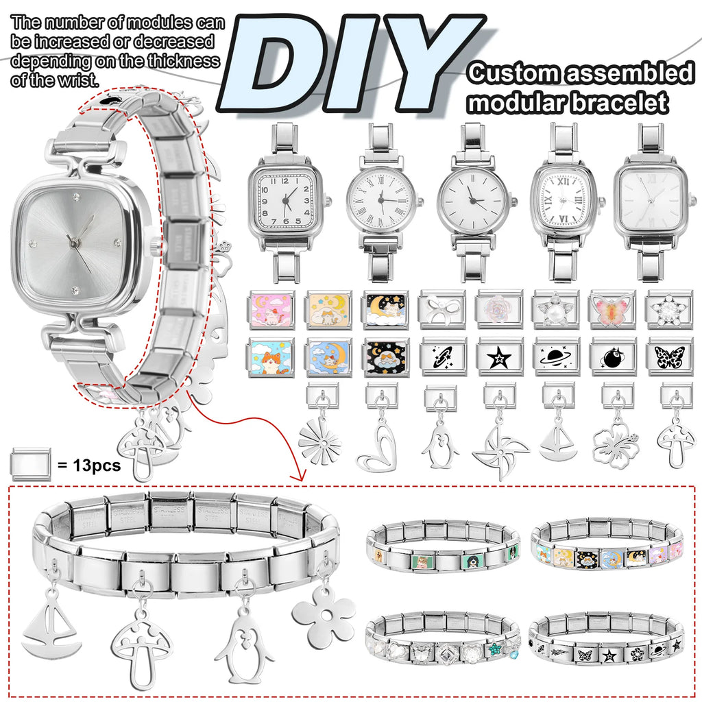 New Fashion Men Women's DIY 9mm Width Italian Elastic Charm Stainless Square Round Watch Bracelet Bangle For Birthday Gifts