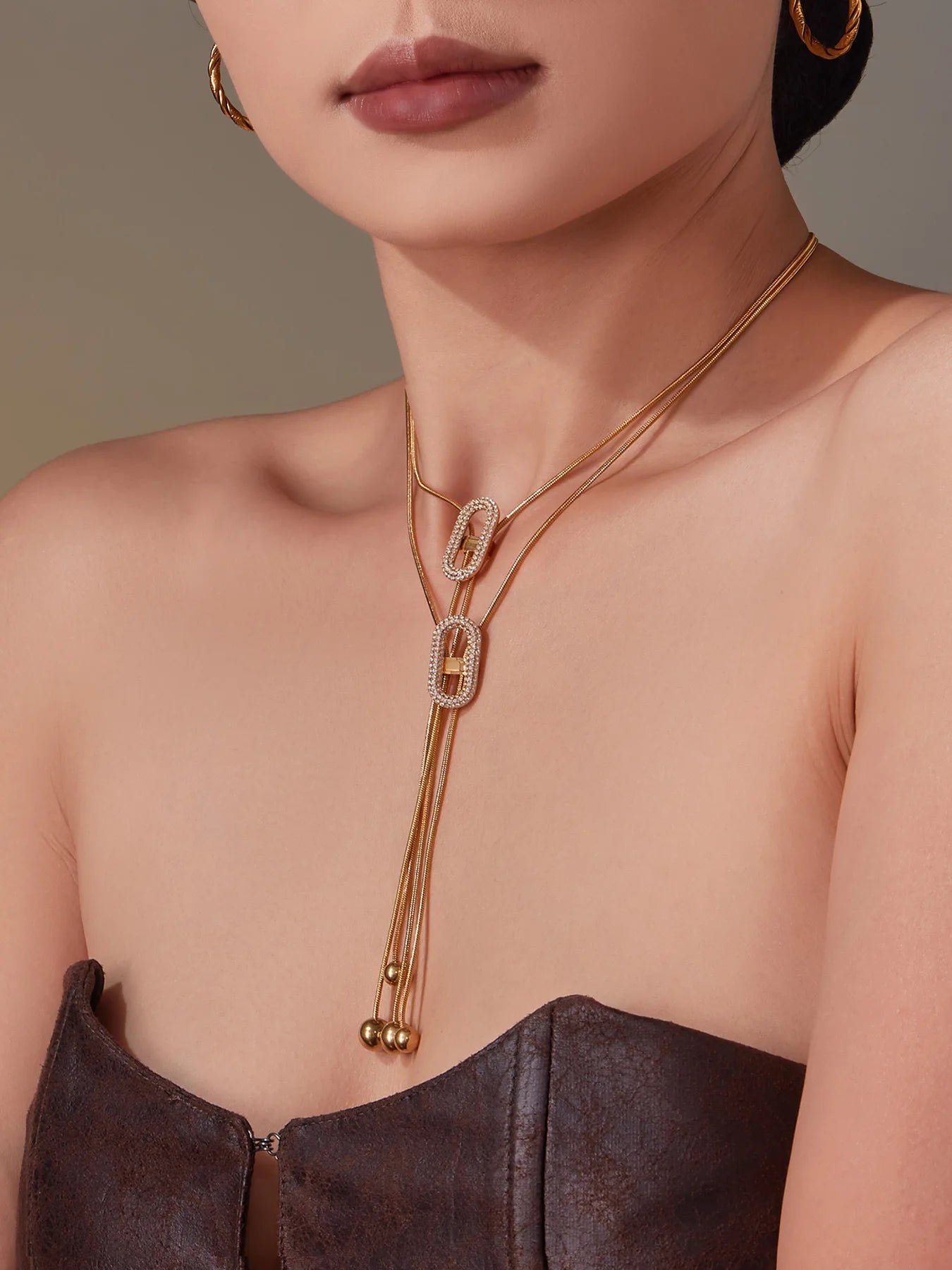 Ars 18K Gold Plated Y Necklace Stainless Steel Tassel Necklace Adjustable Oval Pendant Necklace Women's Zircon Lariat Necklaces
