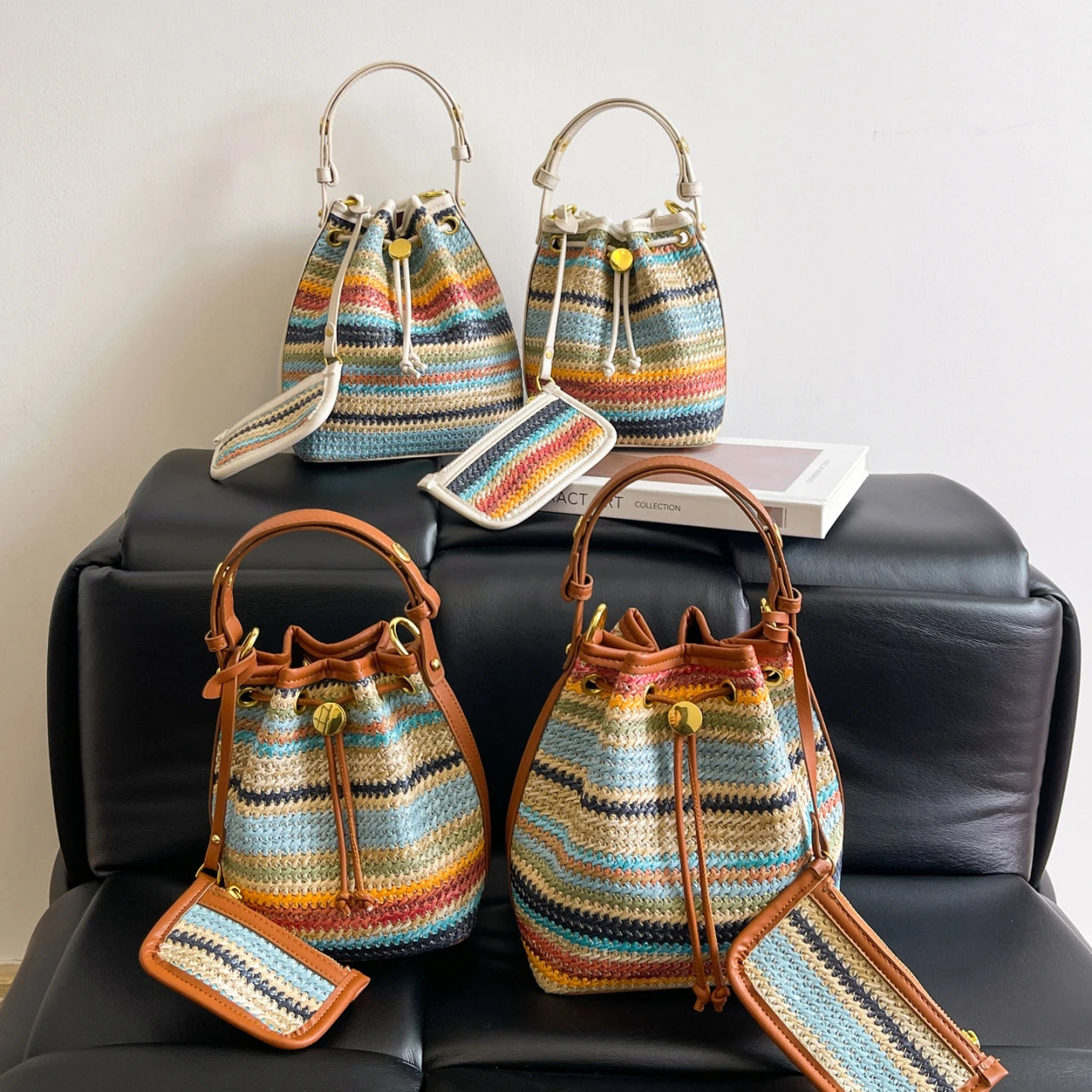 2 Pcs/set Bucket Design Crossbody Bag 2025 Boho Beach Shoulder Purses and Handbags Summer Colorful Straw Bolsa Feminina New