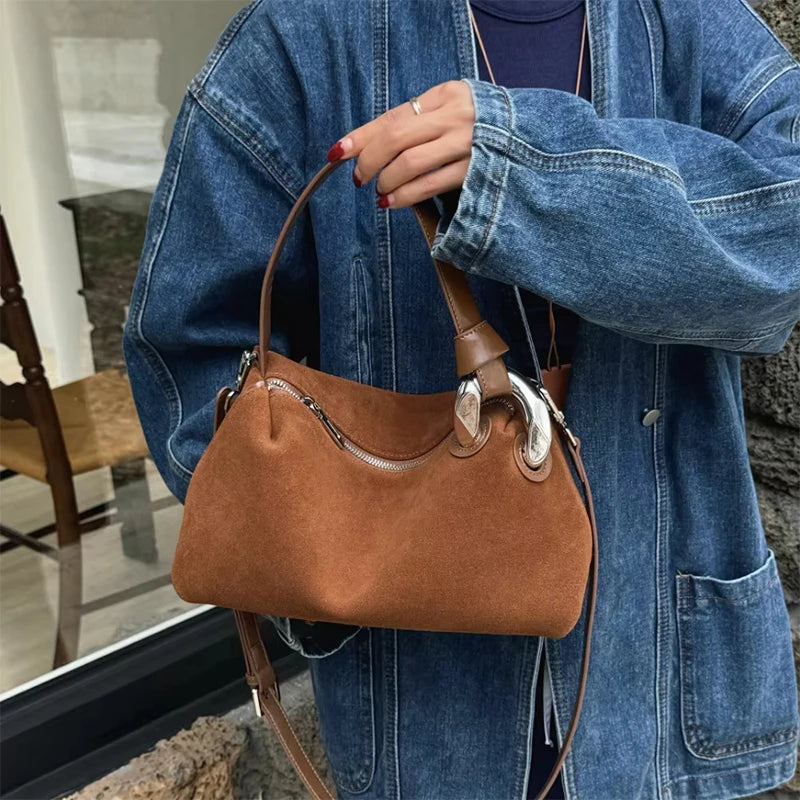 2026 New Fashion Brown Suede Genuine Leather Shoulder Bag Women's Retro Soft Tote Casual Daily Crossbody Handbag