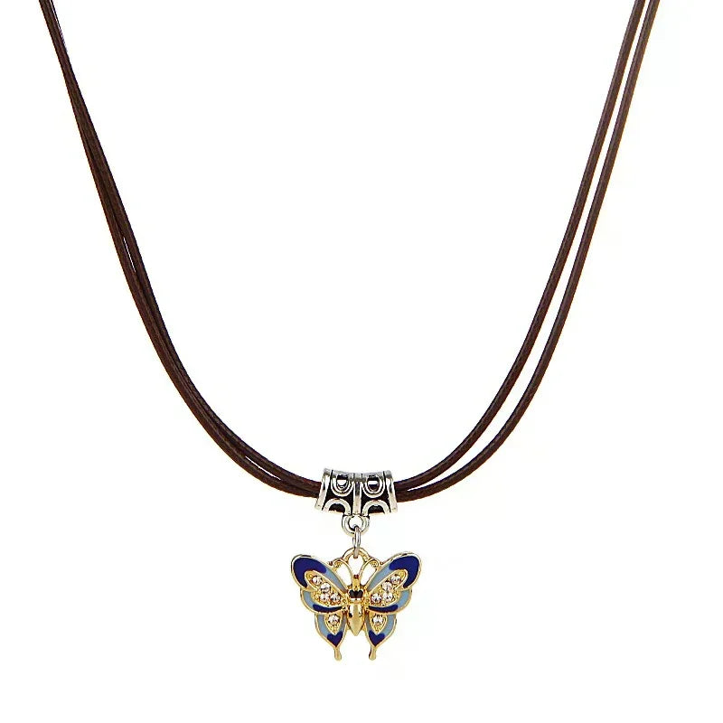 Chinese Style Fashion Retro Braided Rope Necklace Butterfly Flower Moon Safety Lock Pendant Necklace For Women Vintage Jewelry