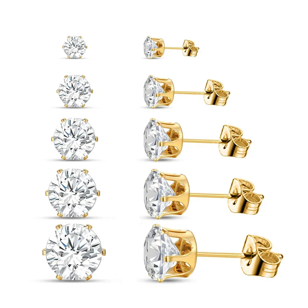 5 Pairs Zircon Stud Earrings Set For Women Men Fashion Gold Silver Color Earring Unisex Ear Piercings Jewelry Gift