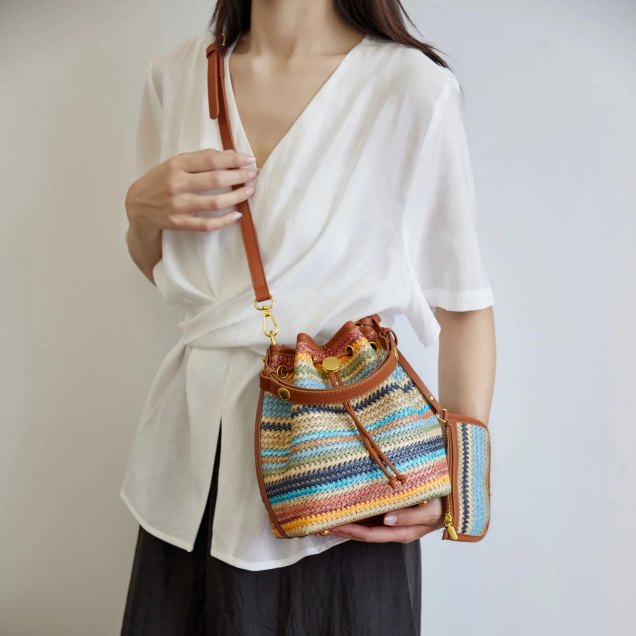 2 Pcs/set Bucket Design Crossbody Bag 2025 Boho Beach Shoulder Purses and Handbags Summer Colorful Straw Bolsa Feminina New