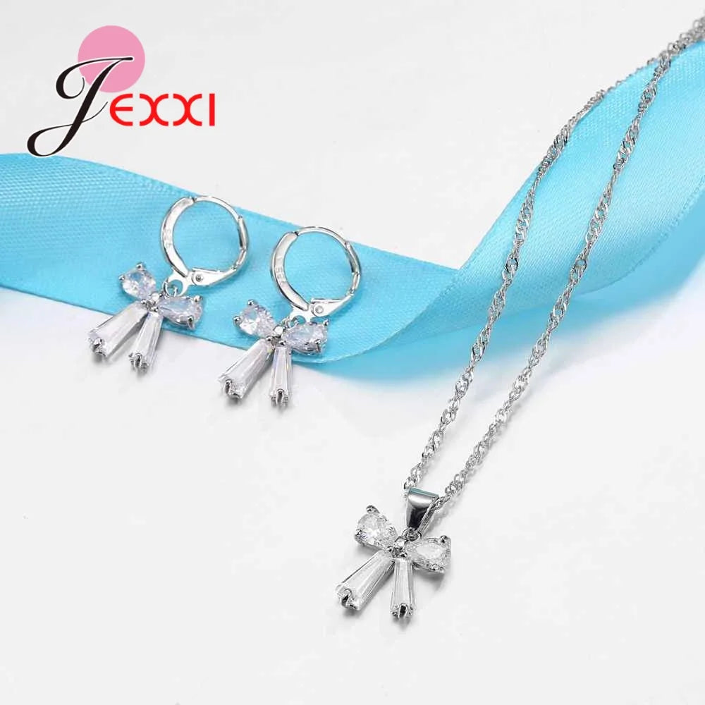 Girls Daily Decorations Simple Bowknot Necklace+Earrings 925 Sterling Silver Jewelry Sets Popular Styles Dropshipping