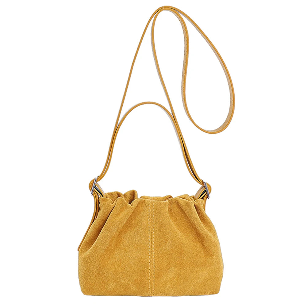 Women Suede Leather Shoulder Bag Vintage Tote Handbag Travel Autumn Winter Causal Crossbody Bags Lightweight Drawstring Handbag