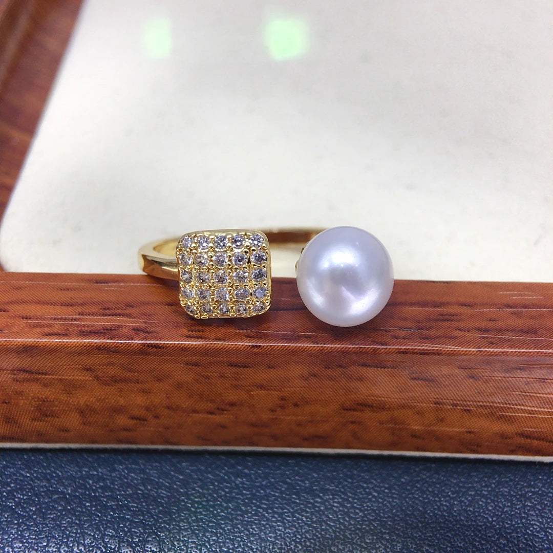Unisex Adjustable Square Ring with 8-9mm Freshwater Cultured Pearl And Zircon Minimalist Fashion Jewelry for All 2025 New