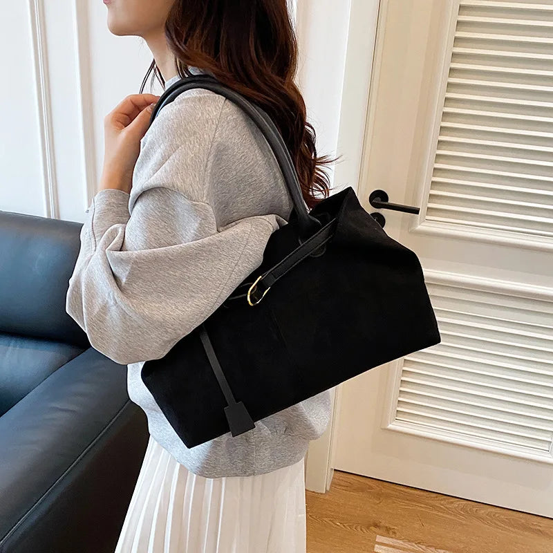 Belt Design Matte Leather Women's Tote Shoulder Bag Suede Velvet Female Underarm Bags Large Capacity Ladies Work Handbags Purse