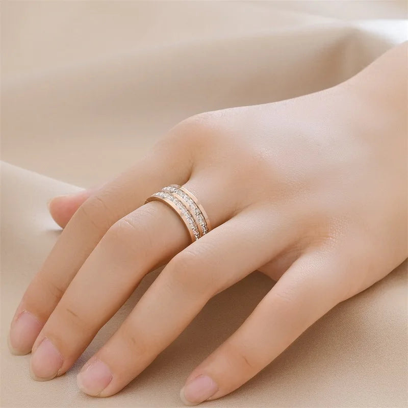 Luxury Rose Gold Color Double Row Square Zircon Stainless Steel Ring For Women Romantic  Wedding Party Jewelry Female Jewelry Fa