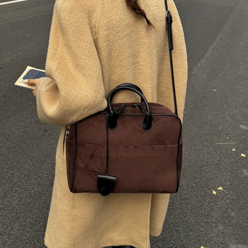 Faux Suede Taupe Retro Tote Bags for Women Solid Color Large Capacity Commuting Versatile Casual Shoulder Bag Classic Handbag