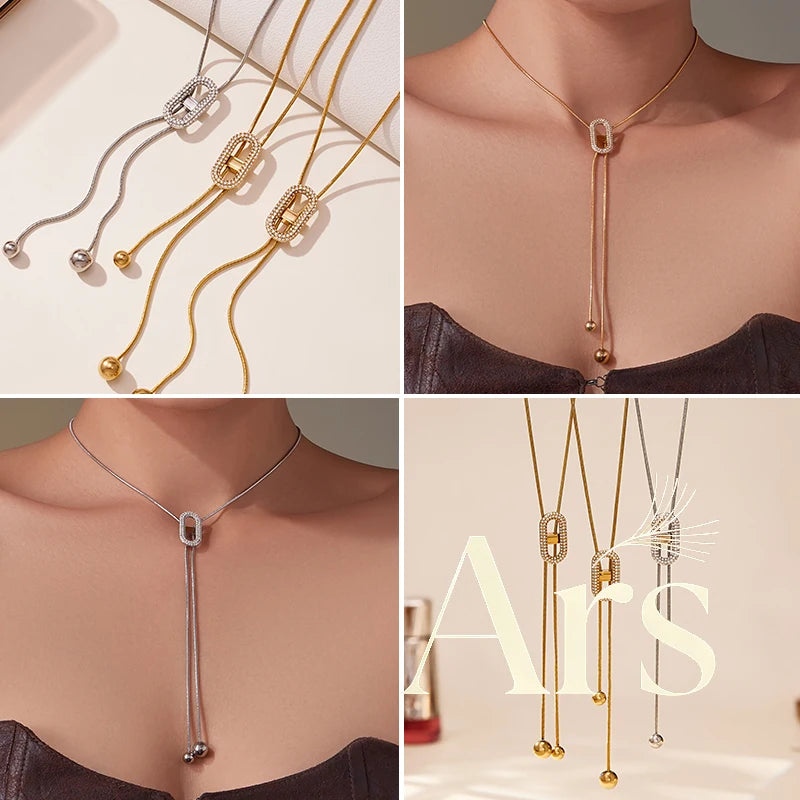 Ars 18K Gold Plated Y Necklace Stainless Steel Tassel Necklace Adjustable Oval Pendant Necklace Women's Zircon Lariat Necklaces
