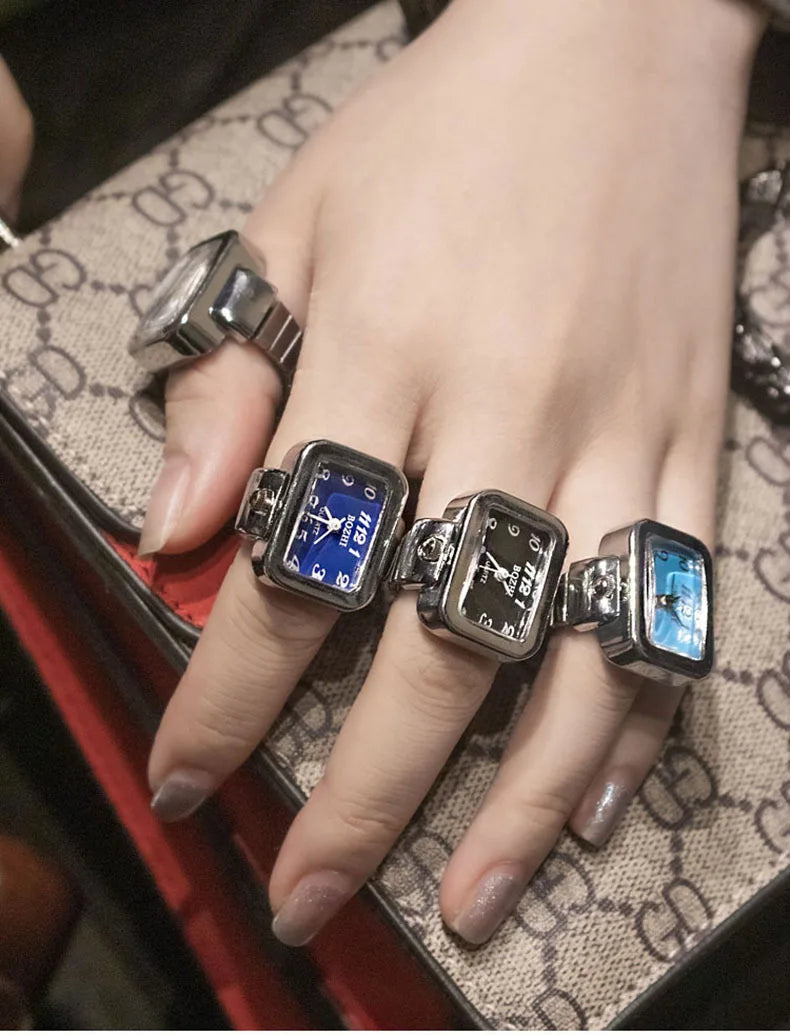 Fashion Adjustable Time Real Watch Rings for Men Women Square Dial Stainless Steel Punk Hiphop Jewelry Mini Battery Clock Gifts