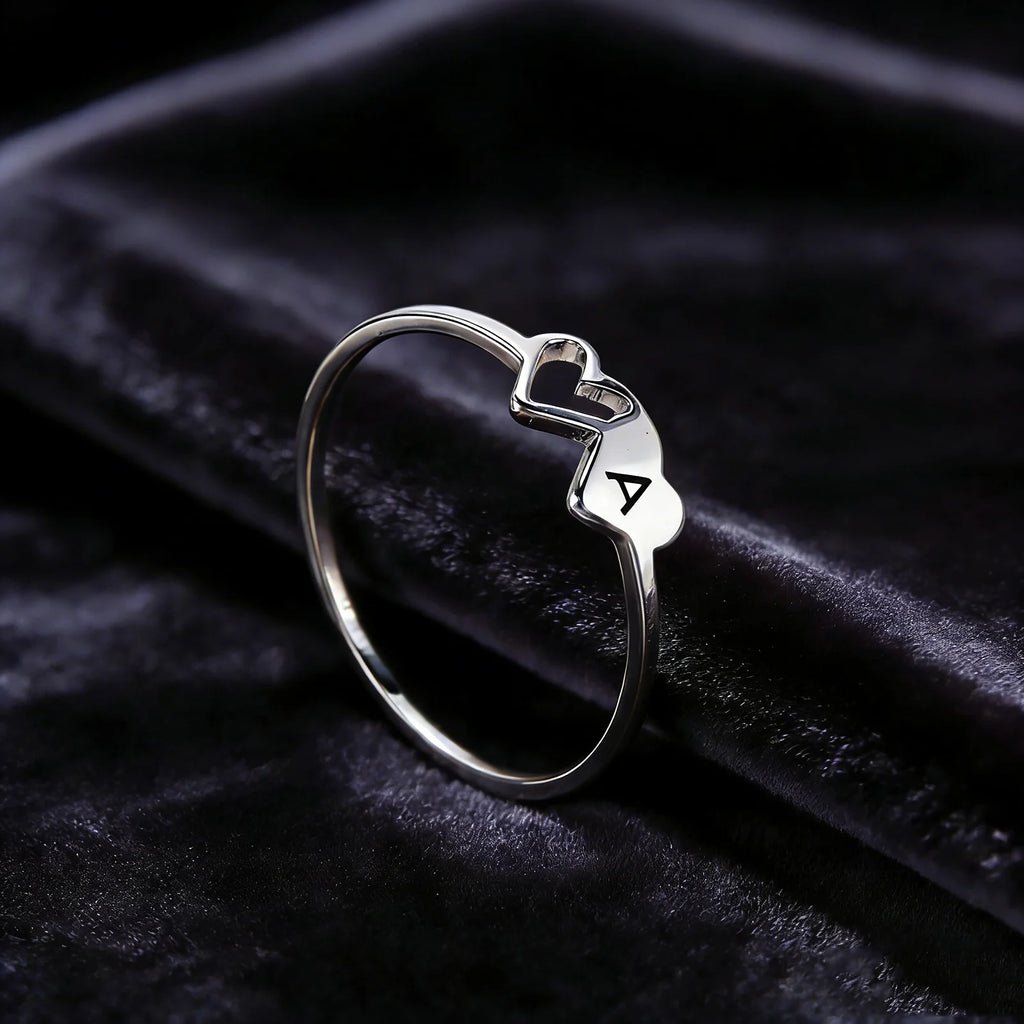 COOLTIME Initial Letter Ring for Women Stainless Steel A-Z Alphabet Double Heart Rings Simple Wedding Cheap Gift For Lover