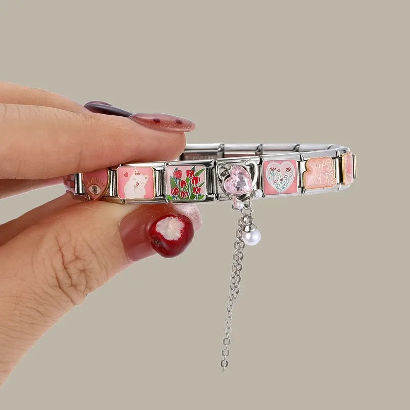 Zircon Moon Cherry Heart Star Bow Knot Butterfly Tassel Italian Charm Links Fit 9mm Bracelet Stainless Steel DIY Making Gifts