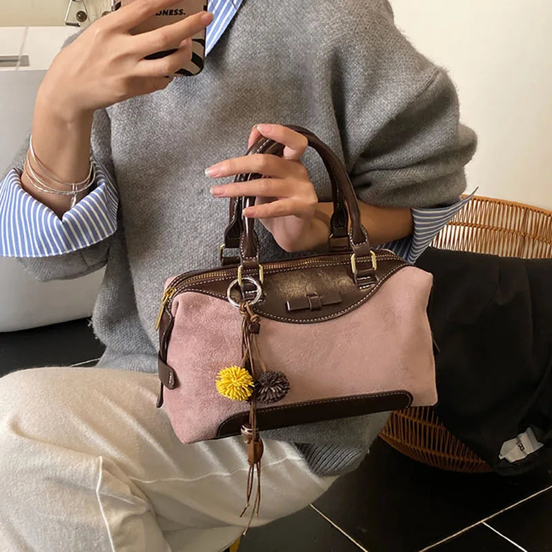 New Retro Frosted Tote Bag Boston Bag Pu Suede Women'S Shoulder Crossbody Bag Commuter Bag