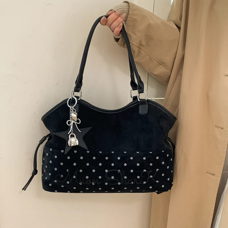 Polka Dot Suede Shoulder Bag Women Stylish Brown Slouchy Tote Drawstring Design Magnetic Buckle Underarm Bag With Star Pendant