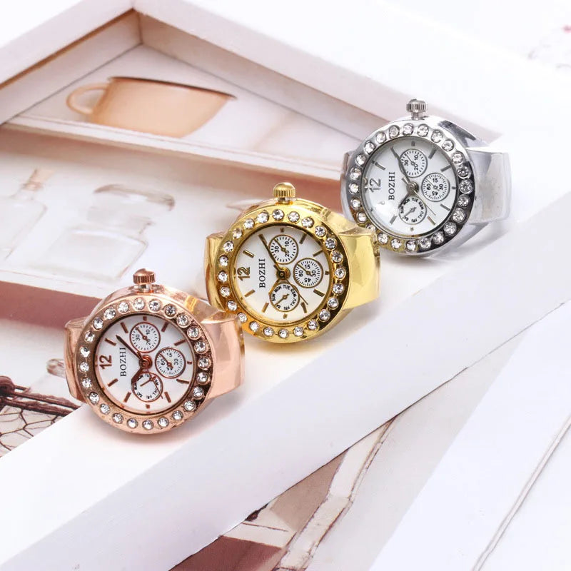 RetroGem Vintage Personality Finger Watch Rings Elastic Strap Watches Couple Rings Jewelry Clock Quartz Watch Rings Women Men