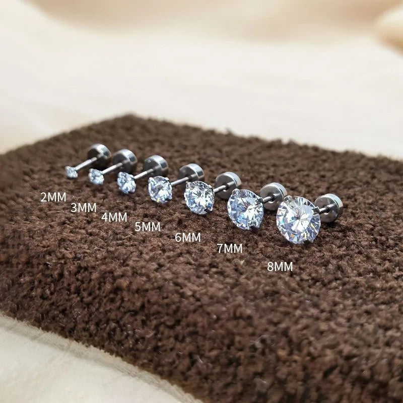 Real 925 Sterling Silver 3/4/5/6/7MM Round Sparkling Zircon Stud Earrings For Women Classic Fine Jewelry Geometric Accessories