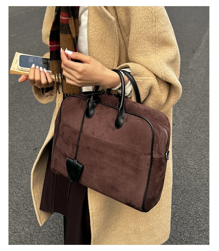 Faux Suede Taupe Retro Tote Bags for Women Solid Color Large Capacity Commuting Versatile Casual Shoulder Bag Classic Handbag