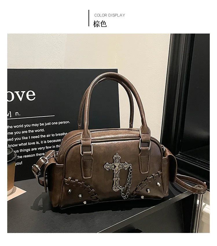 2026 Spring New Punk Gothic Cross Body Bag for Women Small Square Shoulder Bag with Metal Studs Cross Design Edgy Alternative