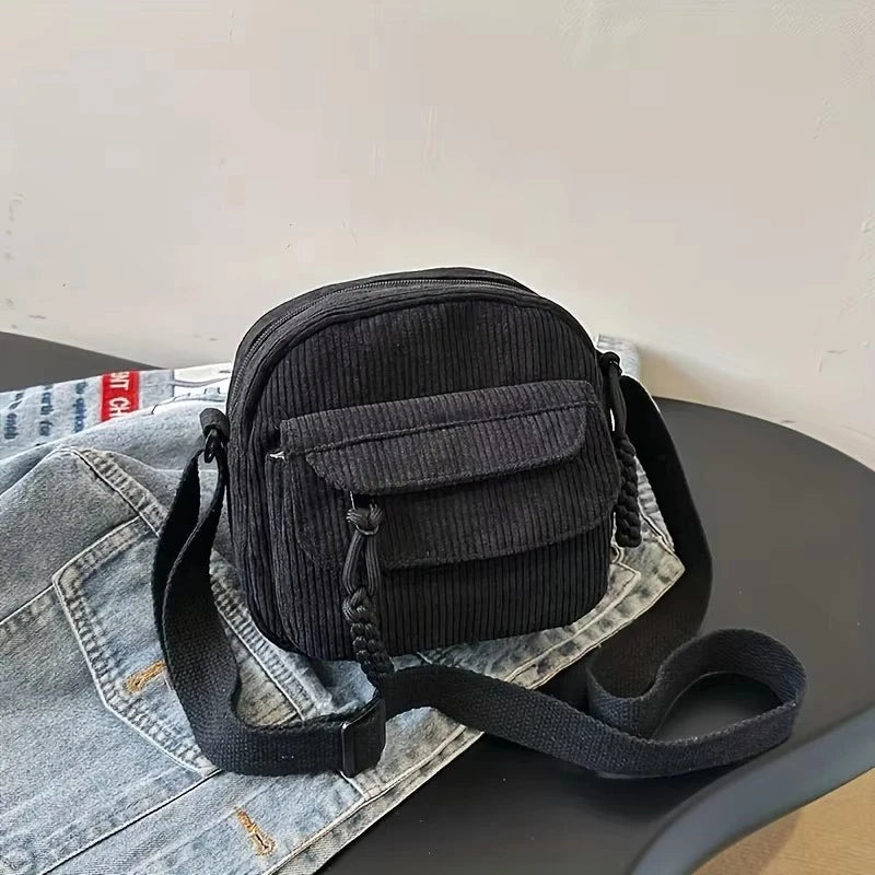 Corduroy Crossbody Bag for Women Casual Harajuku Style Zipper Closure Adjustable Strap Multi Pockets Polyester Lining Beige
