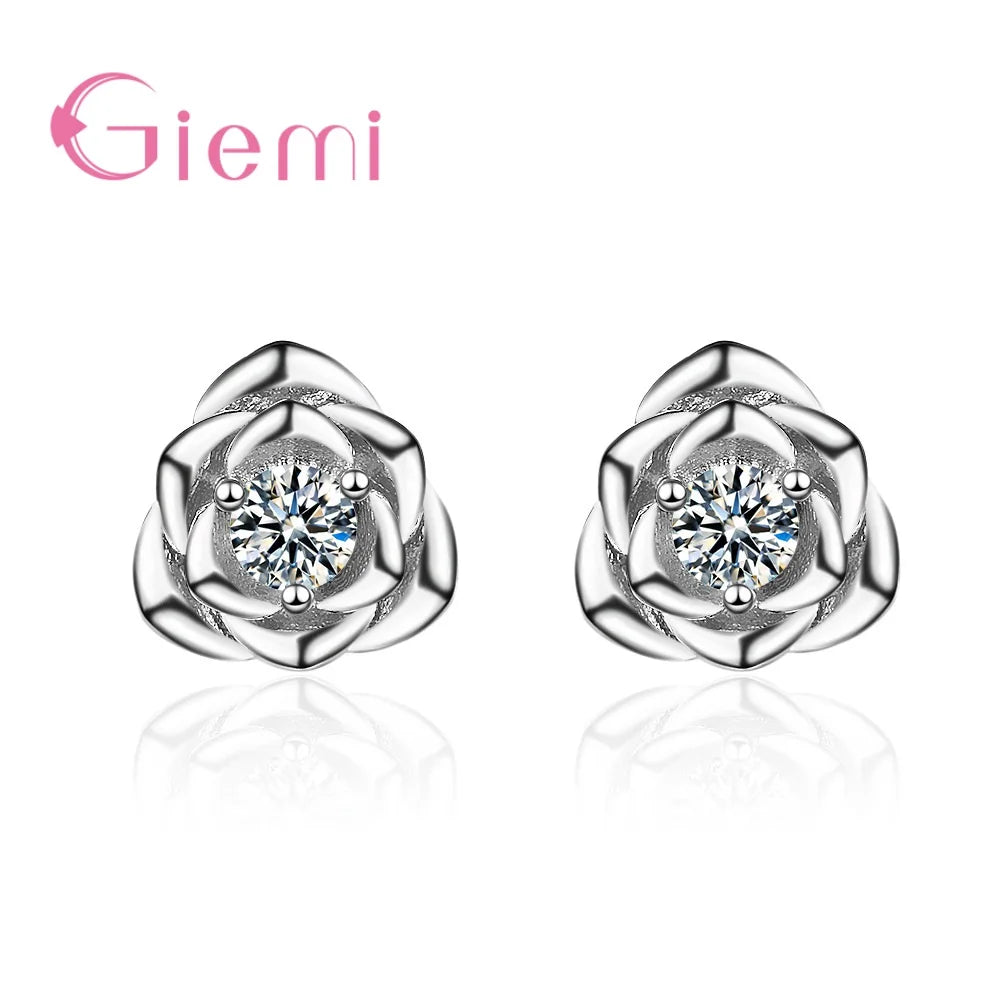 Sparkling 100% Solid 925 Sterling Silver Stud Earrings Clear AAA Cubic Zircon Rose Design Jewelry for Women Wedding Engagement