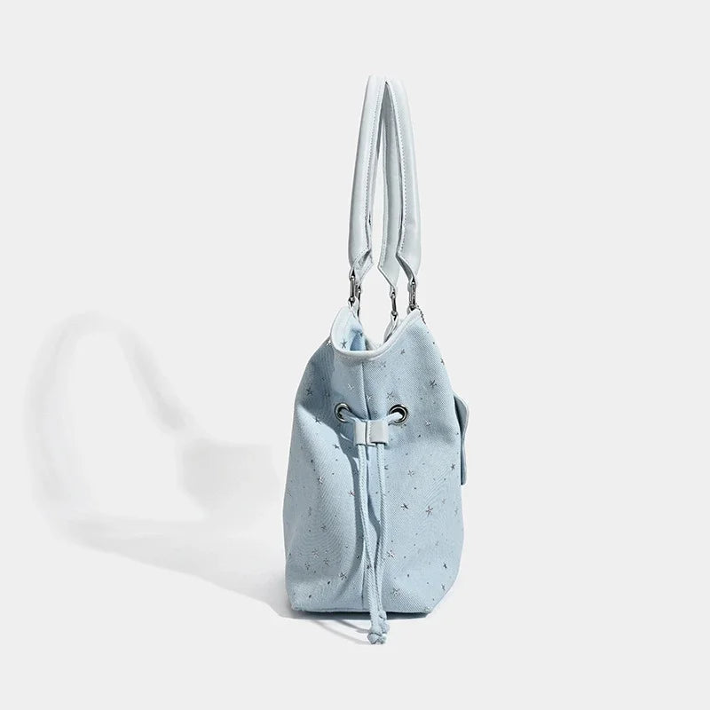 Polka Dot Suede Shoulder Bag Women Stylish Brown Slouchy Tote Drawstring Design Magnetic Buckle Underarm Bag With Star Pendant