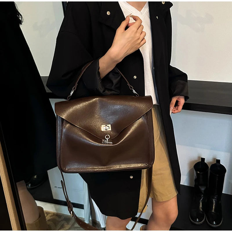 Crossbody Messenger Bag,Designer Versatile Large Capacity Commuting Shoulder Bag,Lady PU Tote Bags Vintage Buckle Handbag Brown