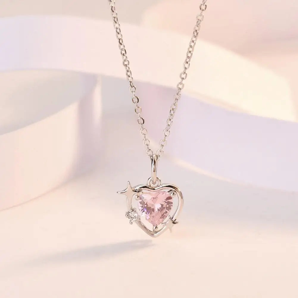 New Fashion Trendy Crystal Pink Zircon Heart Pendant Necklace For Women Girl Elegant and Sweet Punk Party Jewelry