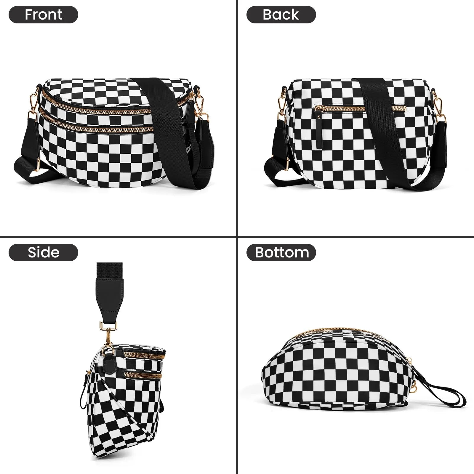 Spacious Black and White Checkered Crossbody Bum Bag, Spacious Design for Essentials Plus Size Friendly Strap 55"