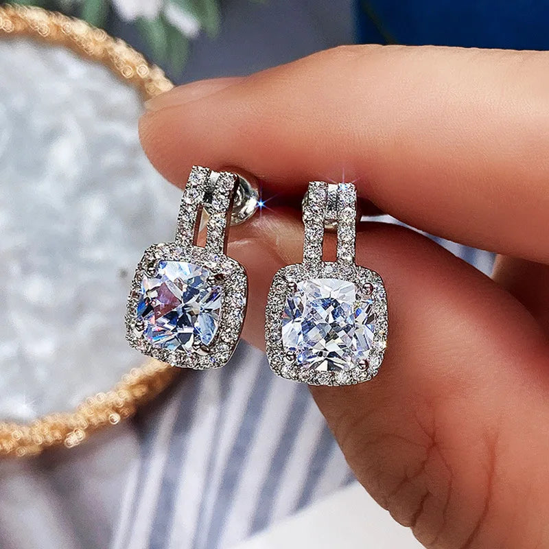 New Square Zircon 925 Sterling Silver Earrings for Women Wedding Stud Earrings Exquisite Bride Fashion Cute Jewelry