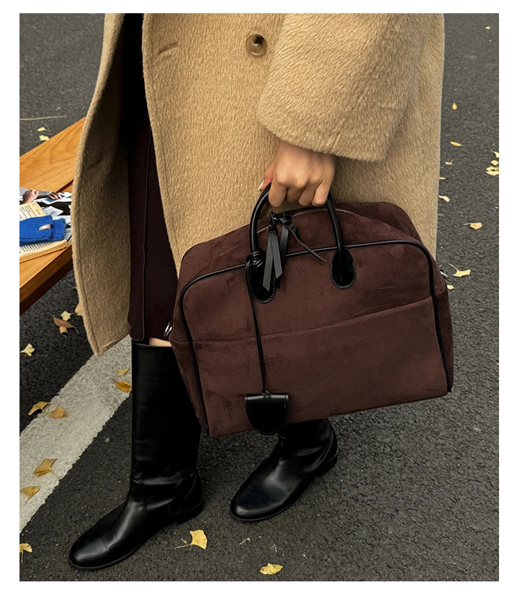 Faux Suede Taupe Retro Tote Bags for Women Solid Color Large Capacity Commuting Versatile Casual Shoulder Bag Classic Handbag
