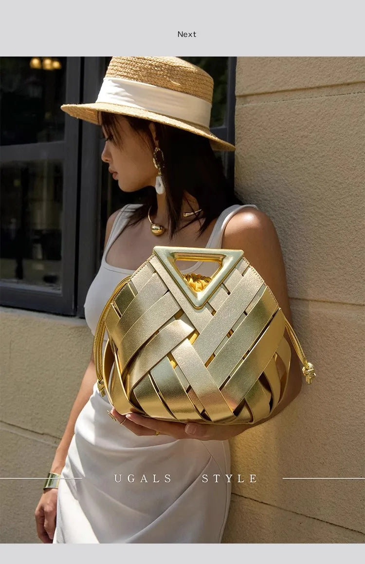 High Quality Women Handbag Textured Woven Handmade Bucket Bag Luxury Clutch Purse Large Capacity Female Shoulder Messenger Bag
