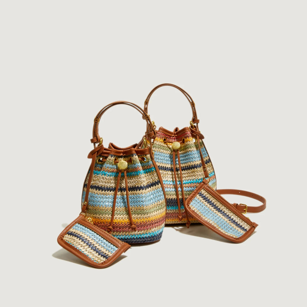 2 Pcs/set Bucket Design Crossbody Bag 2025 Boho Beach Shoulder Purses and Handbags Summer Colorful Straw Bolsa Feminina New