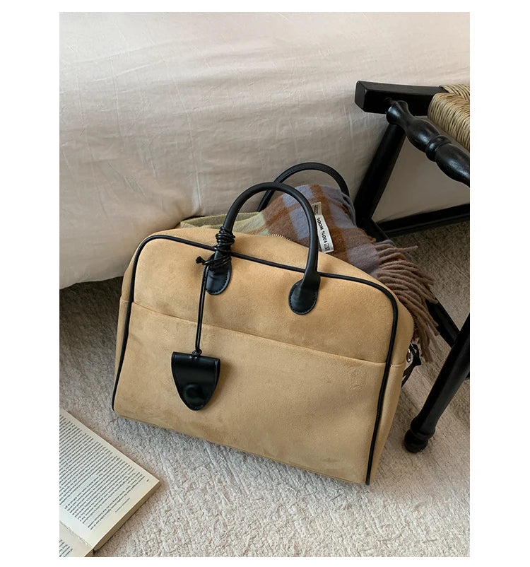 Faux Suede Taupe Retro Tote Bags for Women Solid Color Large Capacity Commuting Versatile Casual Shoulder Bag Classic Handbag