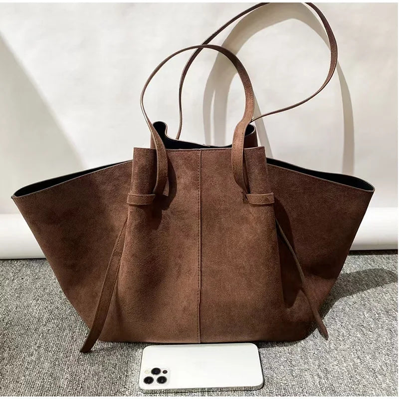 Luxury Faux Suede Women's Tote Bag Large Capacity Shoulder Bag Designer Handbag Wing-shaped Storage Bag Chic Frosted Shoppingbag