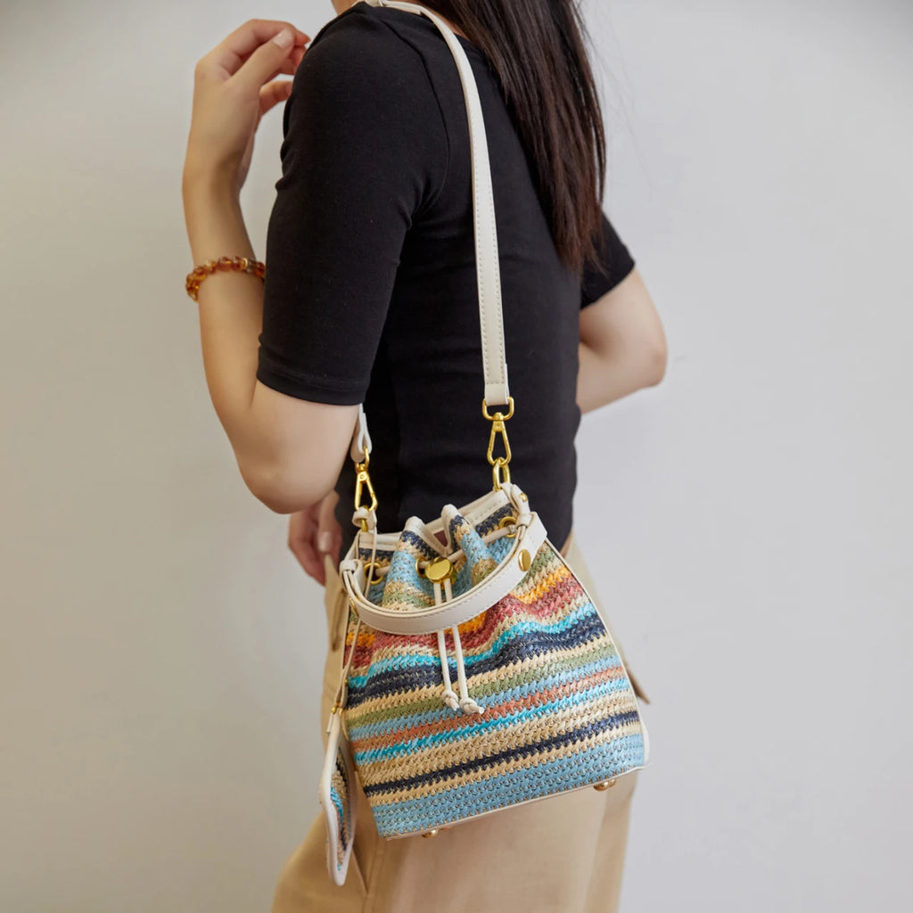 2 Pcs/set Bucket Design Crossbody Bag 2025 Boho Beach Shoulder Purses and Handbags Summer Colorful Straw Bolsa Feminina New