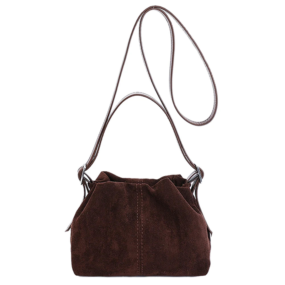 Women Suede Leather Shoulder Bag Vintage Tote Handbag Travel Autumn Winter Causal Crossbody Bags Lightweight Drawstring Handbag
