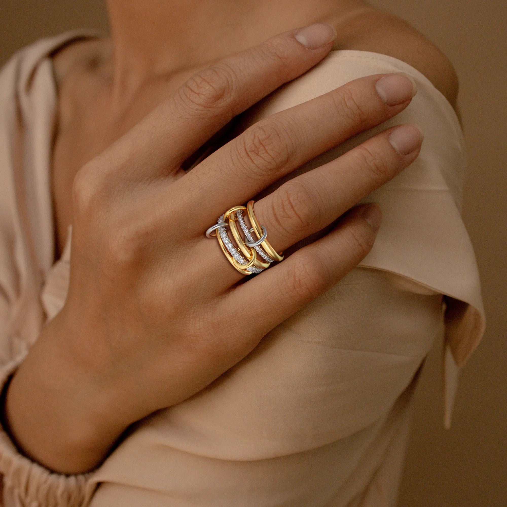Luxury Cubic Zirconia Gold Plating Multilayer Connecting Rings for Women Fashion Mixed Color Stackable Finger Ring Party Jewelry