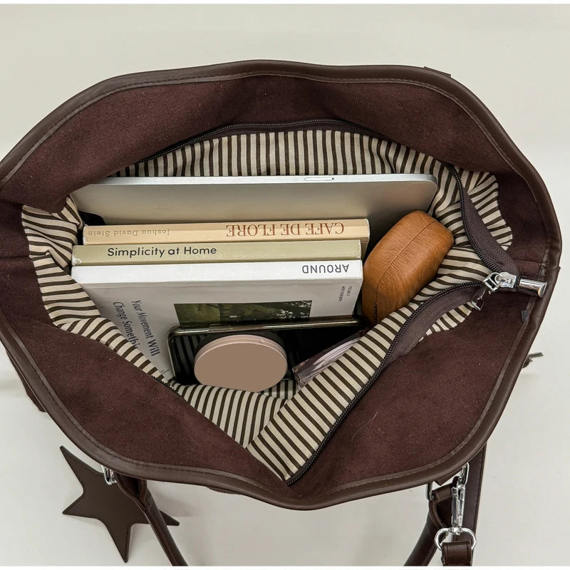 Polka Dot Suede Shoulder Bag Women Stylish Brown Slouchy Tote Drawstring Design Magnetic Buckle Underarm Bag With Star Pendant