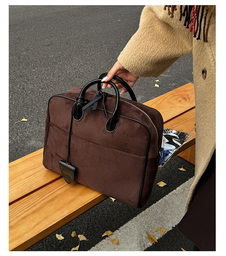 Faux Suede Taupe Retro Tote Bags for Women Solid Color Large Capacity Commuting Versatile Casual Shoulder Bag Classic Handbag