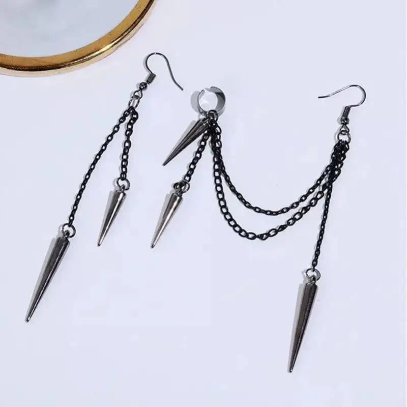 Men Retro Black Tassel Chain Long Earrings Punk Earrings Hiphop Rivet Earrings For Women Gothic Party Jewelry
