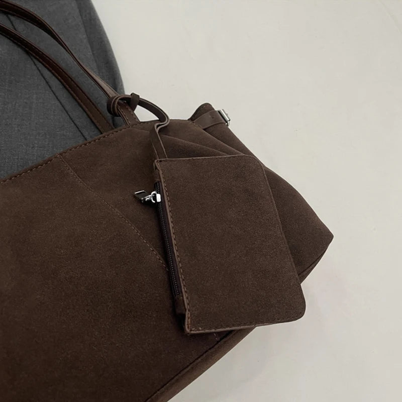 Suede Shoulder Bags for Women Large Capacity Totes Lightweight Underarm Bag Casual Shopper Handbag Solid Color Travel Bucket Bag