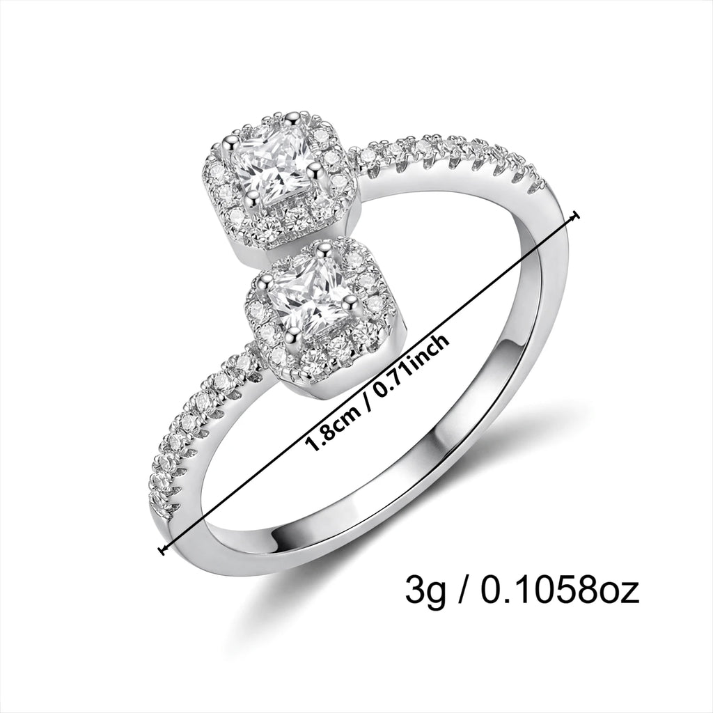 Creative Dual Head Square Copper Embedded Cubic Zirconia Open Ring for Women Elegant High-End Sensation Stylish Jewelry Gift