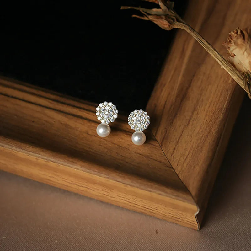 925 Sterling Silver Jewelry Exquisite Zircon Crystal Pearl Stud Earrings for Women Wedding Party Jewelry For Girls Friend Gift