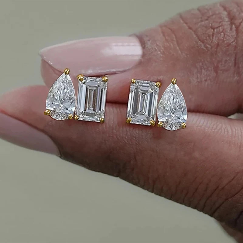 Rrjzz Stud Earrings for Women 5x7mm Emerald Cut&5x8mm Pear Cut Lab Created Cubic Zirconia 14K Gold Plated 2 Stone Jewelry Gift