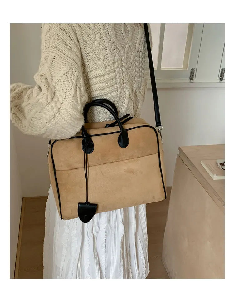 Faux Suede Taupe Retro Tote Bags for Women Solid Color Large Capacity Commuting Versatile Casual Shoulder Bag Classic Handbag