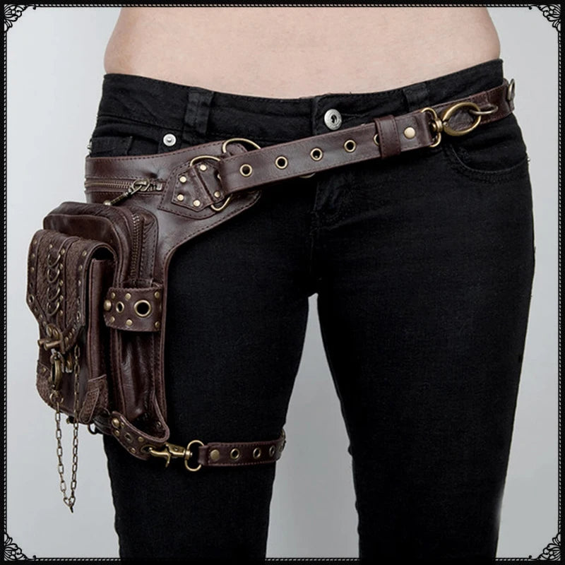 Steampunk Gothic Crossbody Bag Unisex Mini Waist Purse Medieval Rivet Multi-Purpose Travel Shoulder Bag Brown Multi-Way Backpack