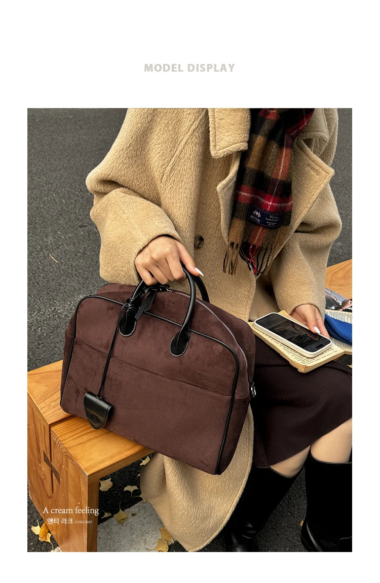 Faux Suede Taupe Retro Tote Bags for Women Solid Color Large Capacity Commuting Versatile Casual Shoulder Bag Classic Handbag