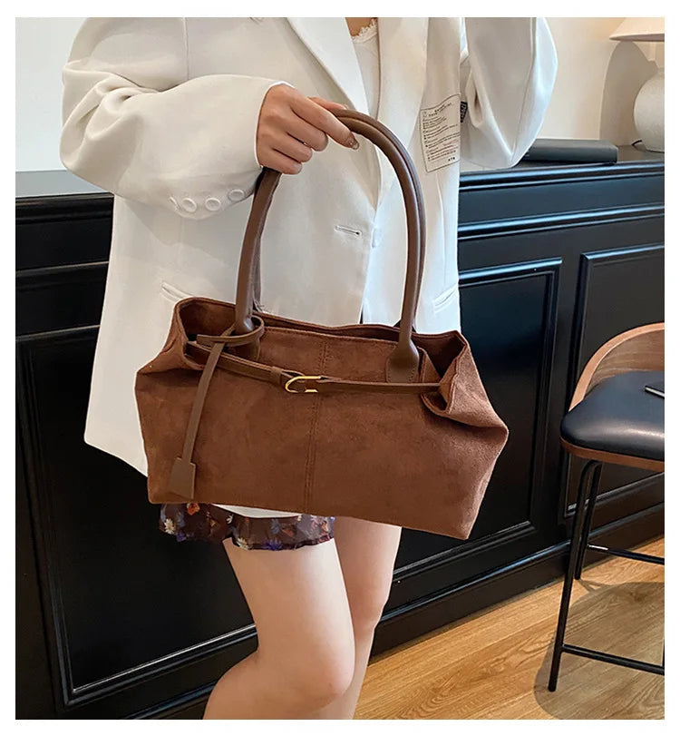 Belt Design Matte Leather Women's Tote Shoulder Bag Suede Velvet Female Underarm Bags Large Capacity Ladies Work Handbags Purse